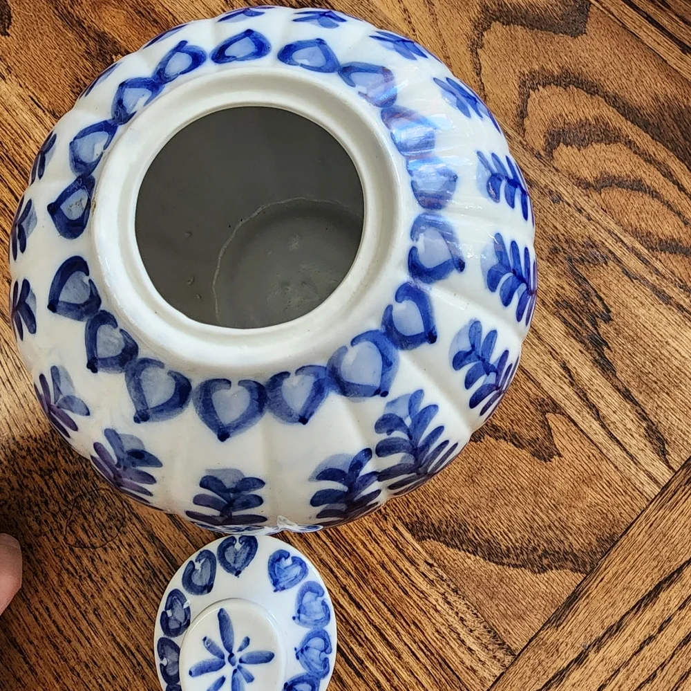 Vintage Porcelain Blue White Flow Round Asian Melon Ginger Jar Lid Chinoiserie - Picture 5 of 7